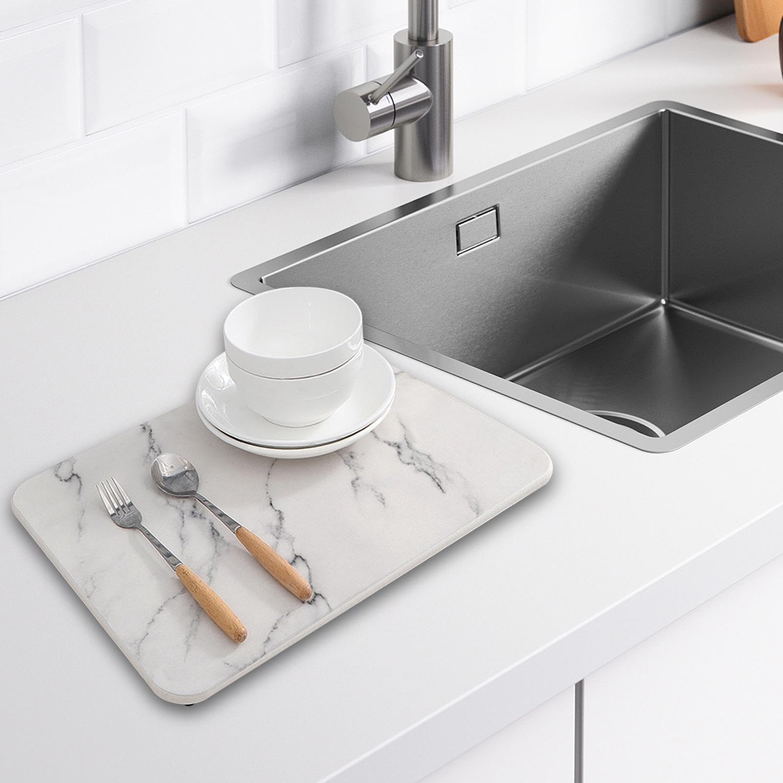 Tapis Égouttoir Vaisselle Diatomite Support Séchage Rapide Protection Antidérapante Surface Absorbante Nettoyage Pratique pour Cuisine, blanc