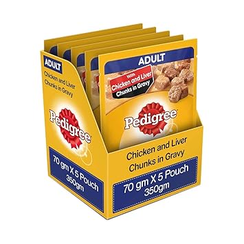 Pedigree Adult Wet Dog Food, Chicken & Liver Chunks In Gravy, 5 Pouches, 70g, Count Of 5
