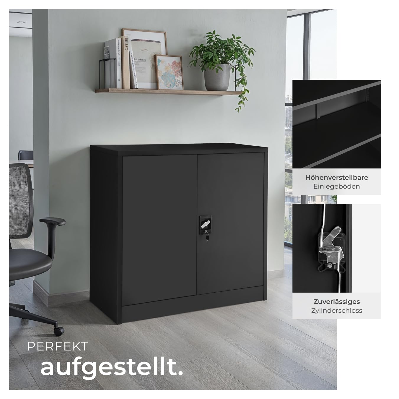 tectake® Aktenschrank abschließbar, Metallschrank mit Sicherheits-Zylinderschloss, Büroschrank abschließbar, Mehrzweckschrank aus Stahl, 3 höhenverstellbare Einlegeböden, 90 x 40 x 90 cm - schwarz