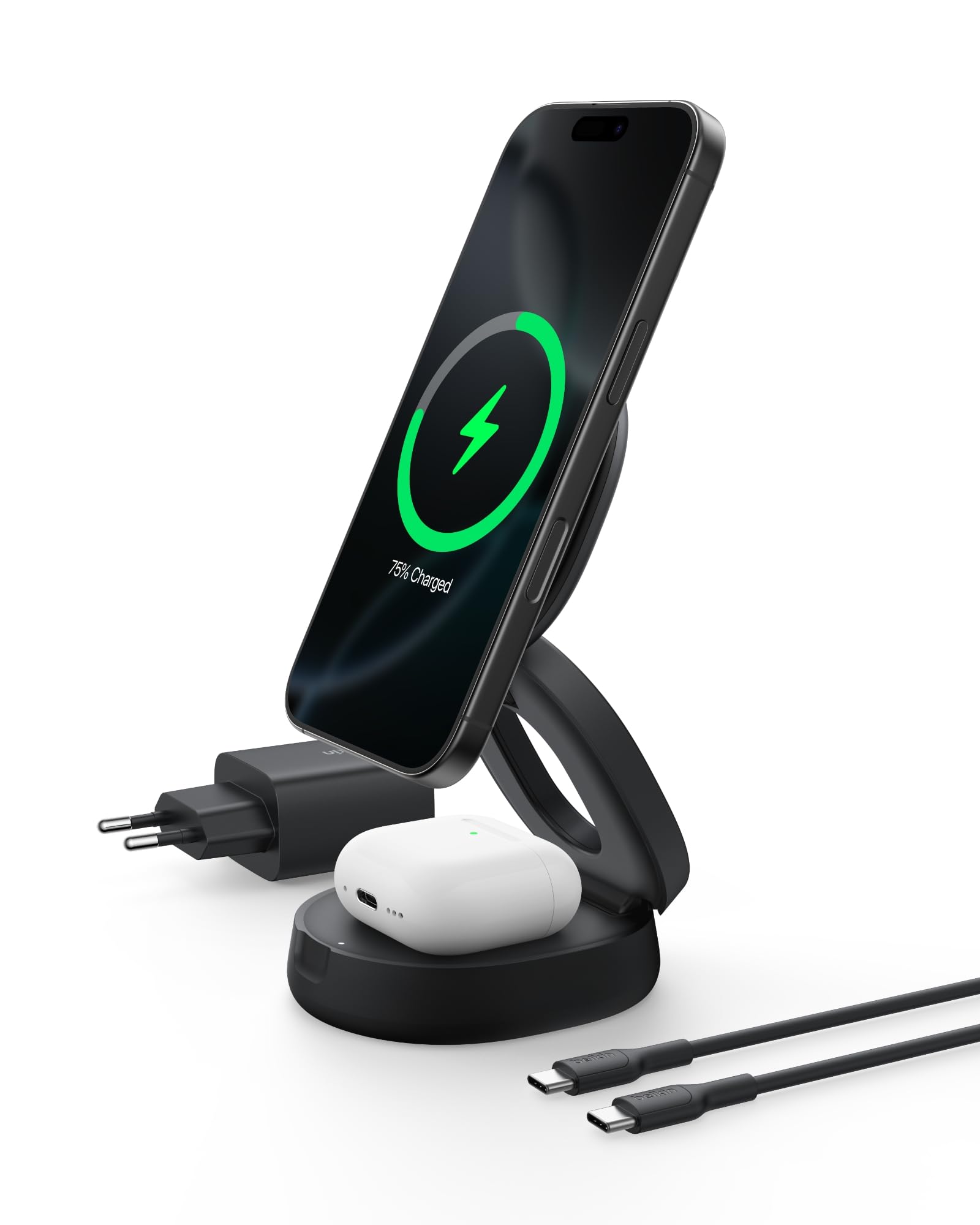 Belkin 2 in 1 Caricatore Wireless, Stazione di Ricarica Wireless 15 W, Caricatore Qi2 con MagSafe per iPhone 16 e AirPods, base piena antiscivolo, alimentatore da 30W - Nero