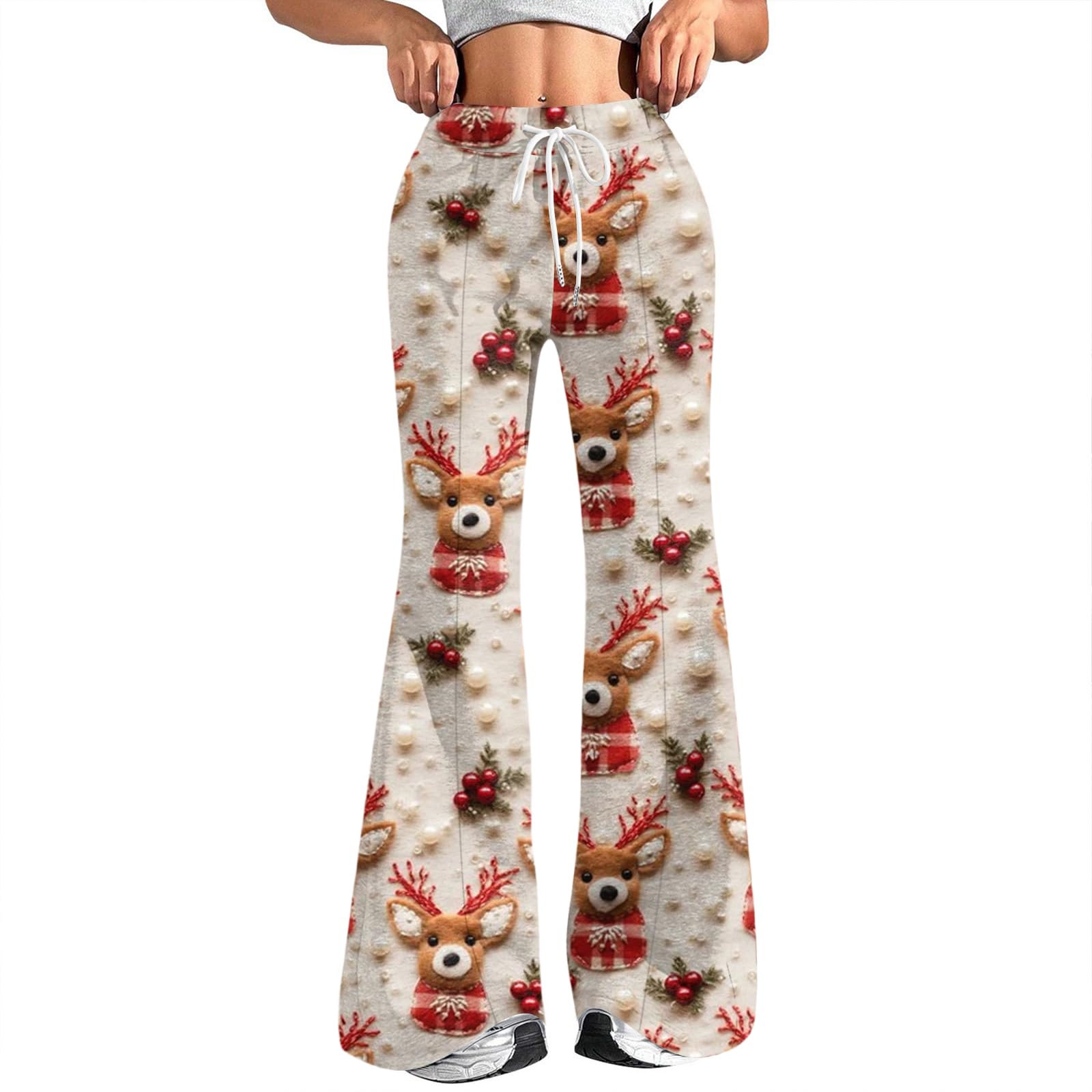 Christmas Flared Pants for Women High Waist Santa Floral Print Trousers Drawstring Casual Fall Winter Bottoms