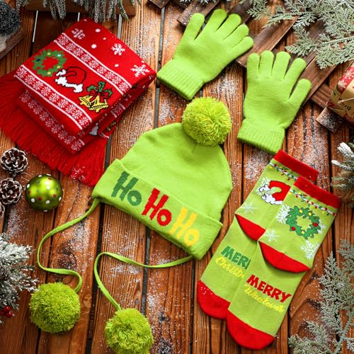 Coume 4 Pcs Winter Scarf and Hat Holiday Gifts for Women Red and Lime Green Beanie Gloves Hat Socks for Adults2