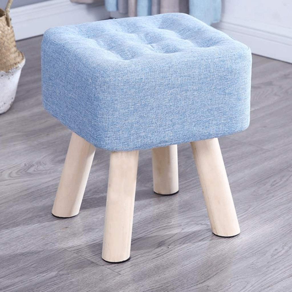 Repose-pieds ottoman carré bleu 29cm en lin avec pieds en bois