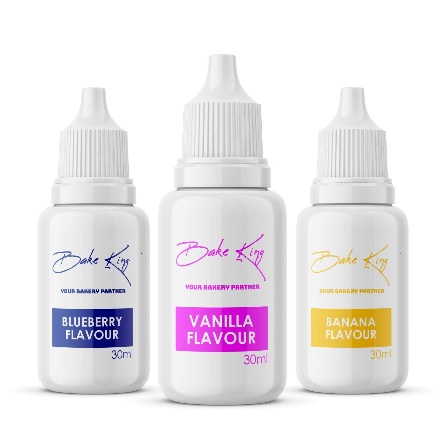 BAKE KING Combo of Blueberry Banana and Vanilla Flavour Flavour 30ML Each Essence for Baking Cakes Jams Jelies Cookies Ice Creams and Puddings Liquid Food Essence (Set of 3)