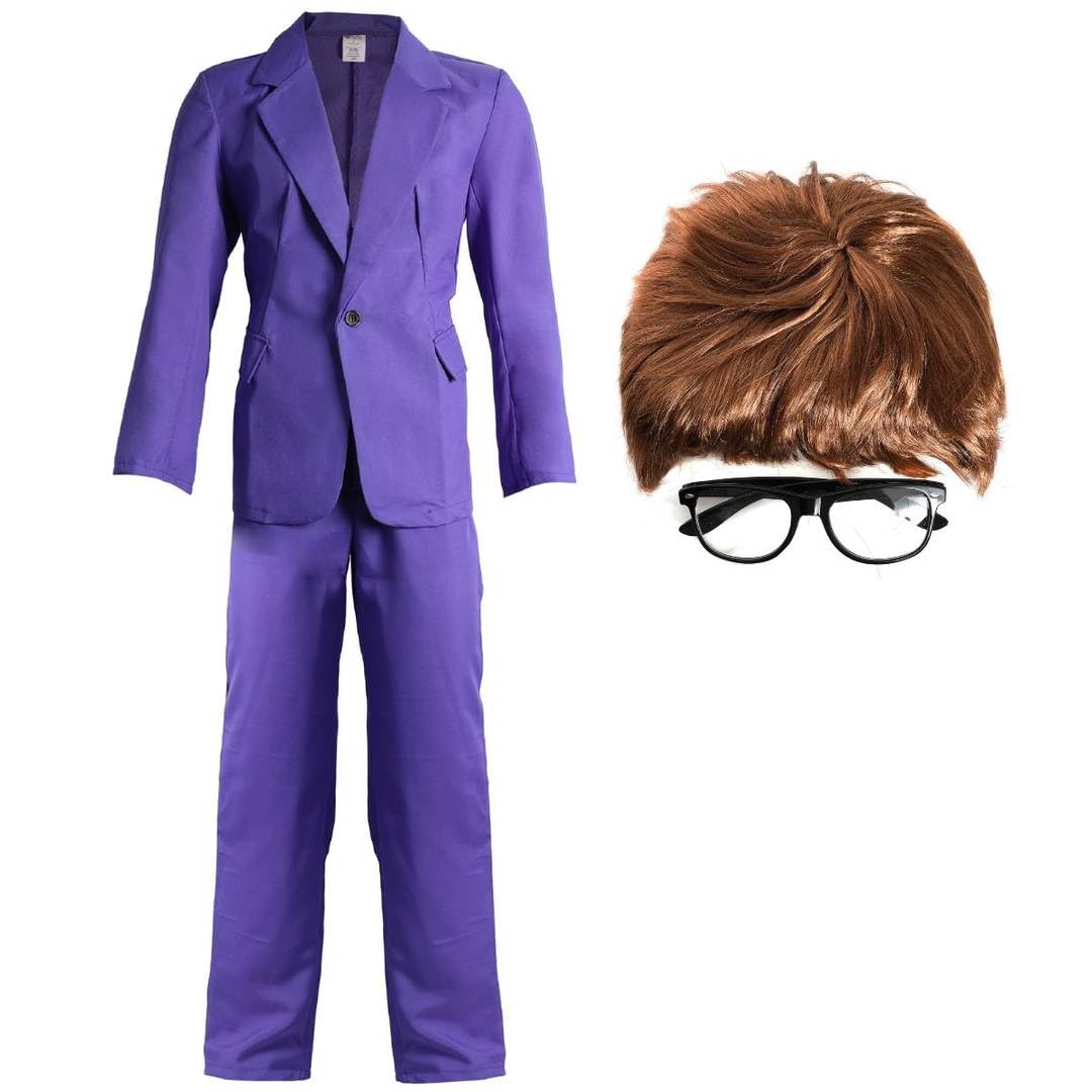 Męski kostium szpiegowski w stylu lat 60., fioletowy, retro, peruka, okulary, fantazyjny strój, vintage, lata 60., dyskoteka, szpieg, Halloween, impreza, cosplay, zestaw kostiumowy dla dorosłych