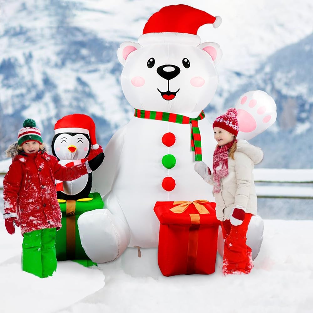 OurWarm 6FT Christmas Inflatables Outdoor Decorations, Polar Bear Inflatable with Penguin Christmas Blow up Yard Decorations with LED Light Up for Xmas Holiday Party Decor Outdoor Lawn Yard Garden
