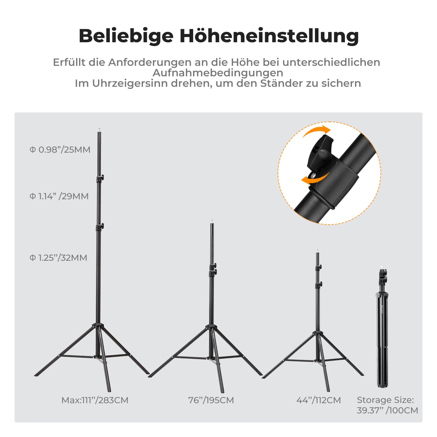 K&F CONCEPT 280CM Metal Fotografie Lichtstativ mit Universal 1/4" Srew | Light Stand für Studio-Fotographie, Reflektor, Blitz & Video, 112-280CM einstell Beleuchtungstativ hoch