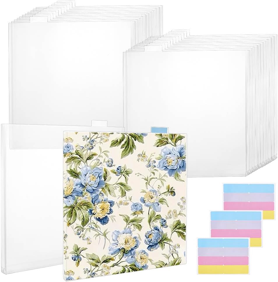 FINGERINSPIRE 24 Pcs Scrapbook Paper Storage Organizer with 24 Pcs Sticky Index Tabs 12x12 inch Multi-Purpose Paper Organizer Rectangle Clear Storage Dividers for Vinyl Paper Cardstock Office
