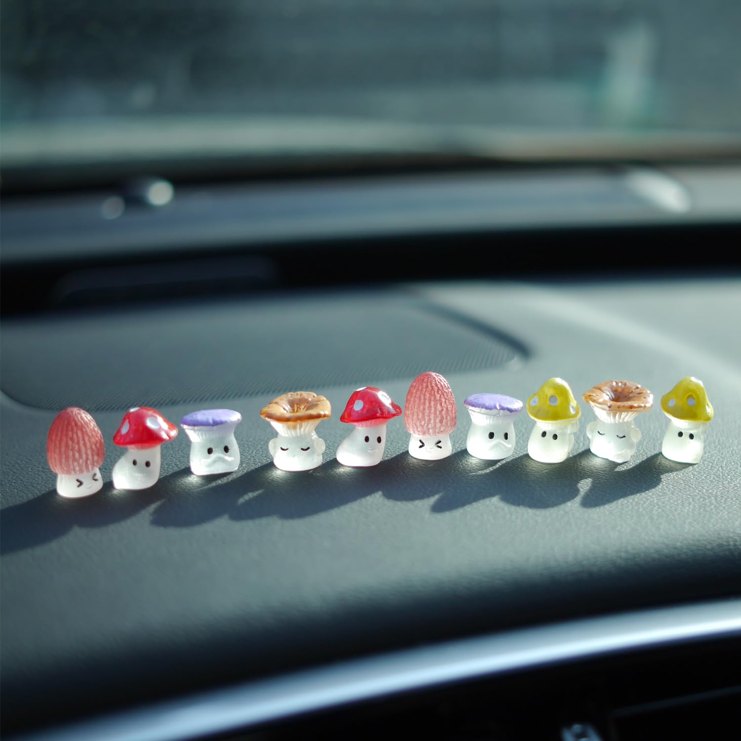 10Pcs Cute Glow in Dark Mini Mushroom Resin Figurines Car Interior Decoration Rearview Mirror Accessories Dashboard Ornament for Micro Landscape Potted Plants Decorations for Women