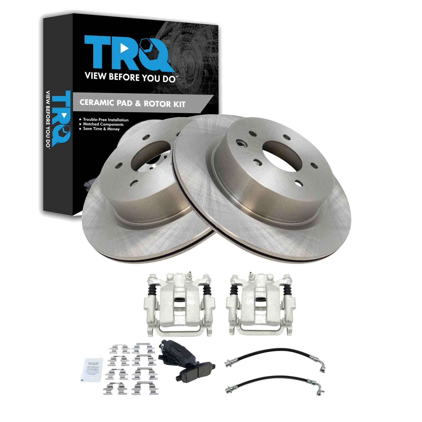 TRQ Rear Brake Pad and Rotor Set Ceramic Calipers Compatible with 2005-2007 Infiniti G35 2006-2008 Nissan 350Z