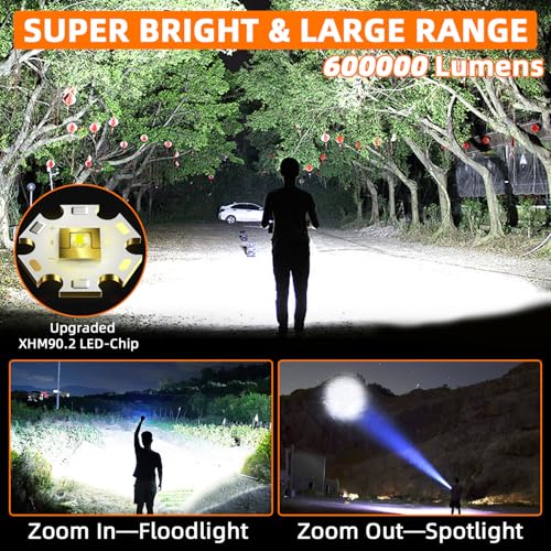 Azyvum Torcia Led Potente Professionale, 1200000 Lumens Torcia Led Ricaricabile Usb, XHM90.2 Flashlight Tattica Militare, IP67 Torce Alta Potenza Ricaricabili Per Campeggio Trekking Emergenza - 2
