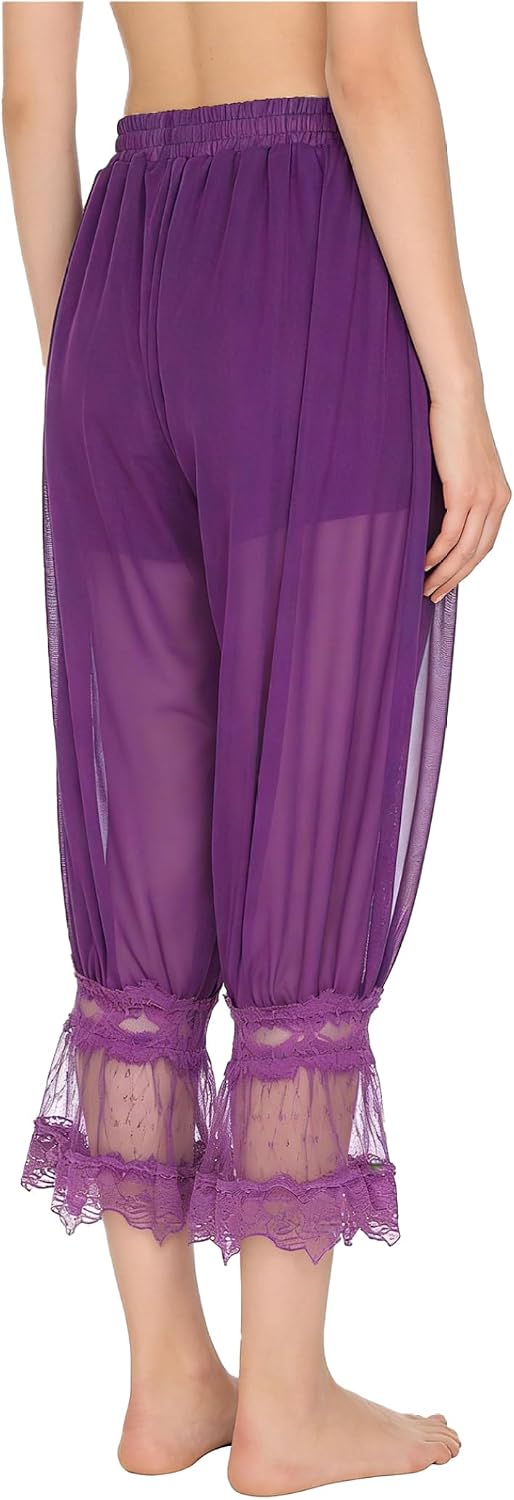 Women's Floral Lace Legs Sheer Mesh Long Bloomers Elastic Waist Capri Bloomer Pants Slips Pants