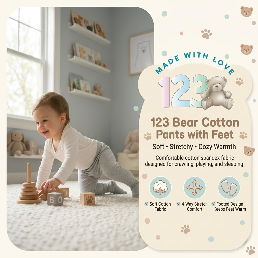 123 Bear Pantalones de bebé de algodón suave y elastano con perneras