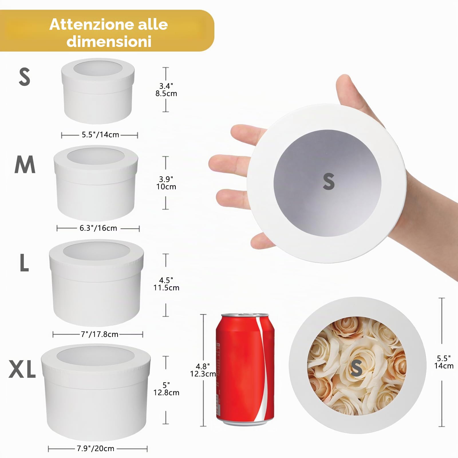 Oairse Scatole Regalo Rotonde con Coperchi Trasparenti Set di 4 Scatole per Fiori Bianche Dimensioni Assortite Scatole Regalo in Cartone Nidificate Cappelliera per Fioristi per Regali Composizioni
