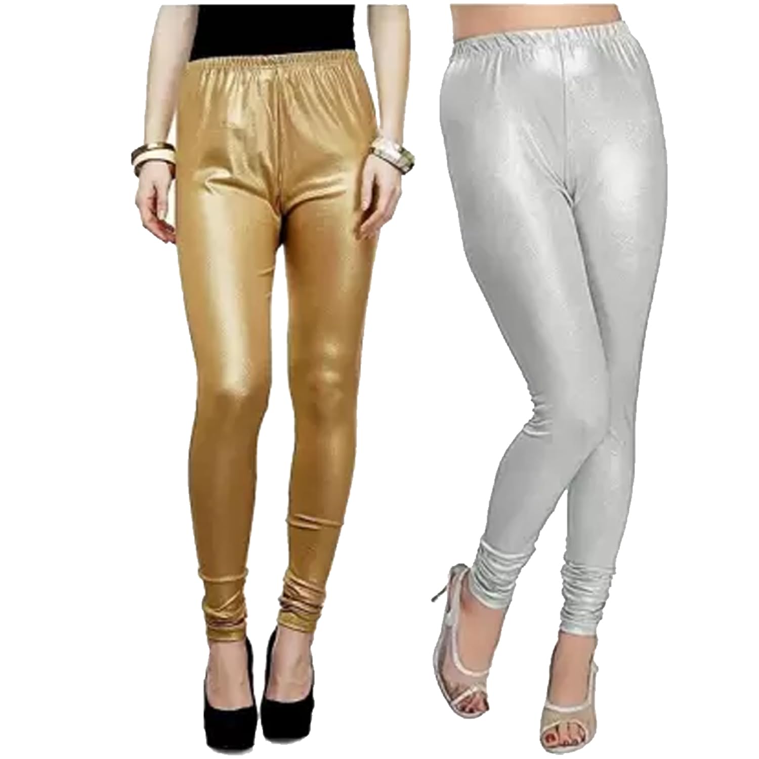 sashwi Women's Regular Fit Nylon Fabric Shimmer Leggings for Women (W-Leg_Gold_Silver) Pack of 2-picture-56