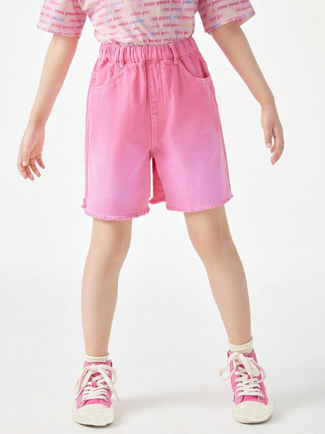 Girls' Pink Denim Shorts Age 8-12, Elastic Waist Frayed Hem Casual Summer Jeans for Kids
