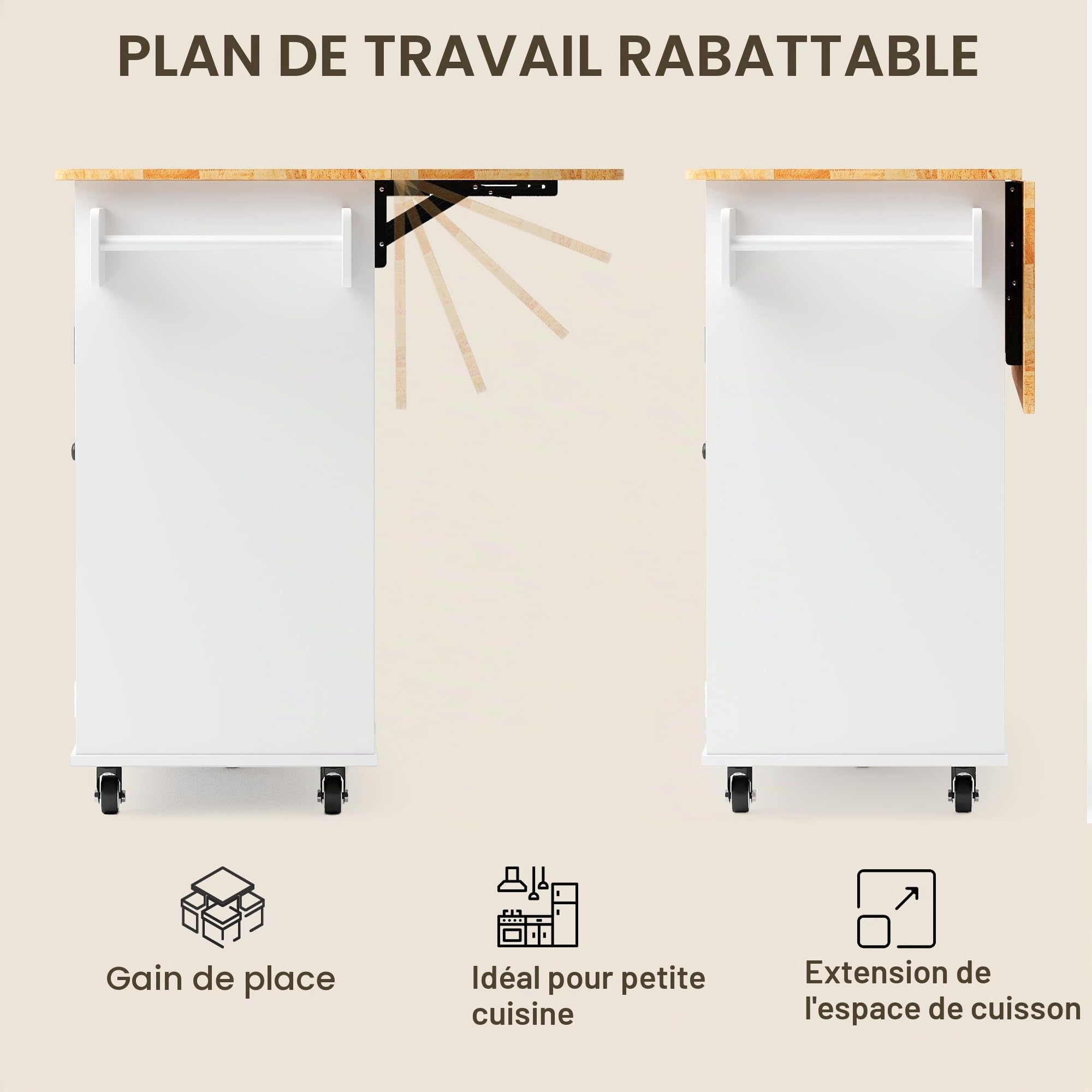 Xbro ilôt de Cuisine avec roulettes, Desserte de Cuisine avec Table Extensible, Porte-torchons, 2 Tiroirs, 3 Portes avec Rangement, 130 × 75 × 88 cm, Blanc