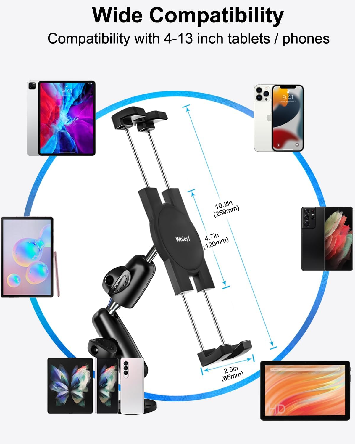 woleyi Aluminum Drill Base Tablet Holder for Car Dashboard - [360° Adjustable 2-Stage Arm] Heavy Duty Tablet Mount for Truck Car Mount Wall Desk, for iPad Pro/Air/Mini/Galaxy Tab/Z Fold, 4-13" Devices