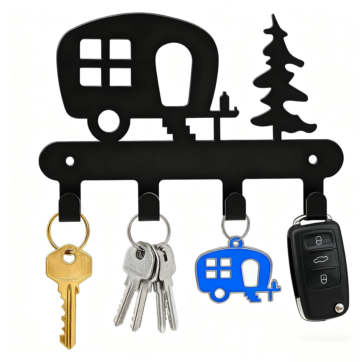 IFUDE Decorative Mini Black Iron Key Hooks Wall Mounted Campervan Key Rack with 4 Hooks, Small Key Hangers House Key Holder for Wall Entryway Caravan Decor