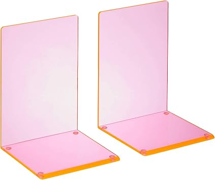 OSCO High Gloss Bookends with Clear Rubber Pads Non Slip, Stylish Acrylic Plastic Book Supports for Desk, Office, Shelf, Home, Modern Design, H21.2 x W16 x D15 cm, Neon Medium