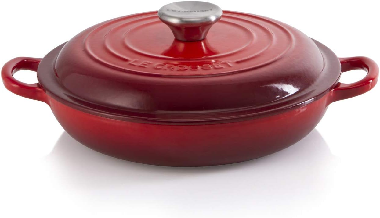 LE CREUSET Enamelled Cast Iron Shallow Casserole, Lid with Stainless Steel Knob,   22 cm, Cerise, 21032220602460