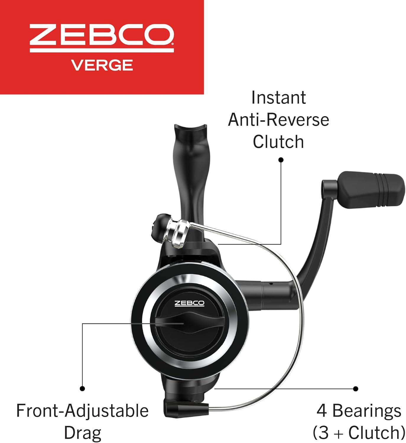 Zebco Verge Spinning Fishing Reel, Right or Left-Hand Retrieve, Pre-Spooled with Zebco Fishing Line, All-Metal Gears, TRU Balance Rotor, Black