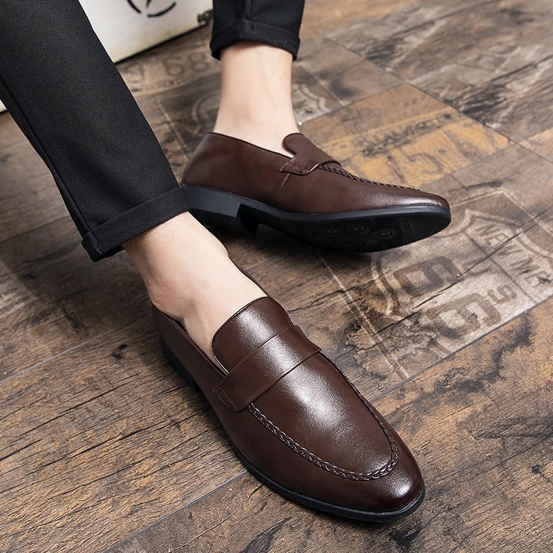 HOOENG Oxford Shoes for Men Slip On Pointed Toe PU Leather Apron Toe Penny Loafer Low Top Rubber Sole Block Heel Casual(Color:Brown,Size:7)4