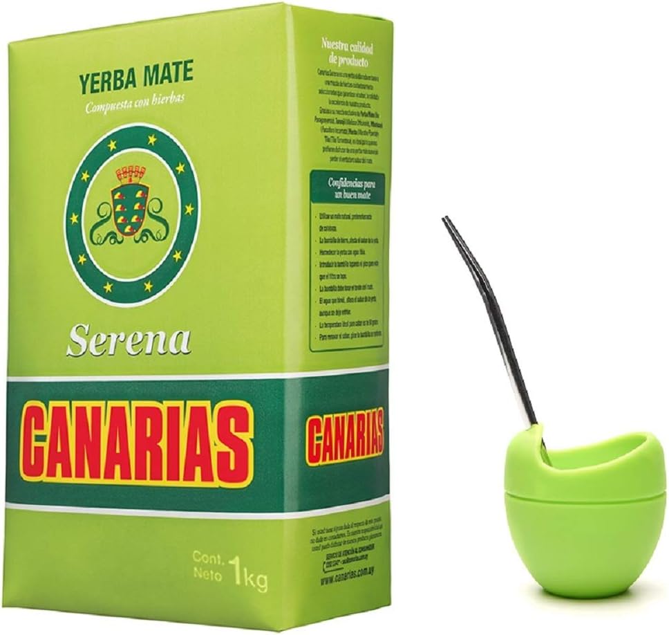 Canarias Serena Yerba Mate 1Kg - 2.2 Pounds bundle With Gourd and Bombilla