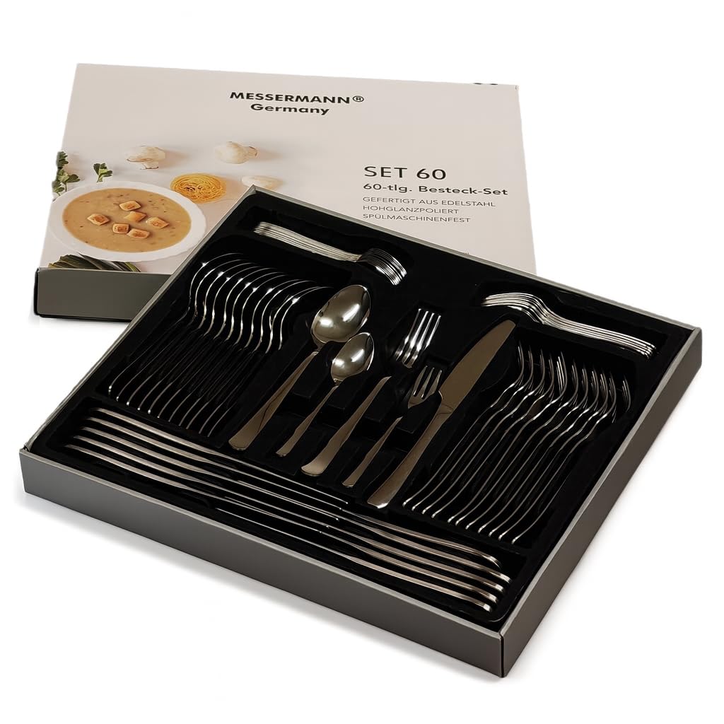 Besteck Set 60-teilig für 12 Personen Edelstahl – elegantes Tafelbesteck Set hochglanzpoliert, spülmaschinenfest und rostfrei; für stilvolle Tischkultur im Alltag und zu Feiern (Model 3)