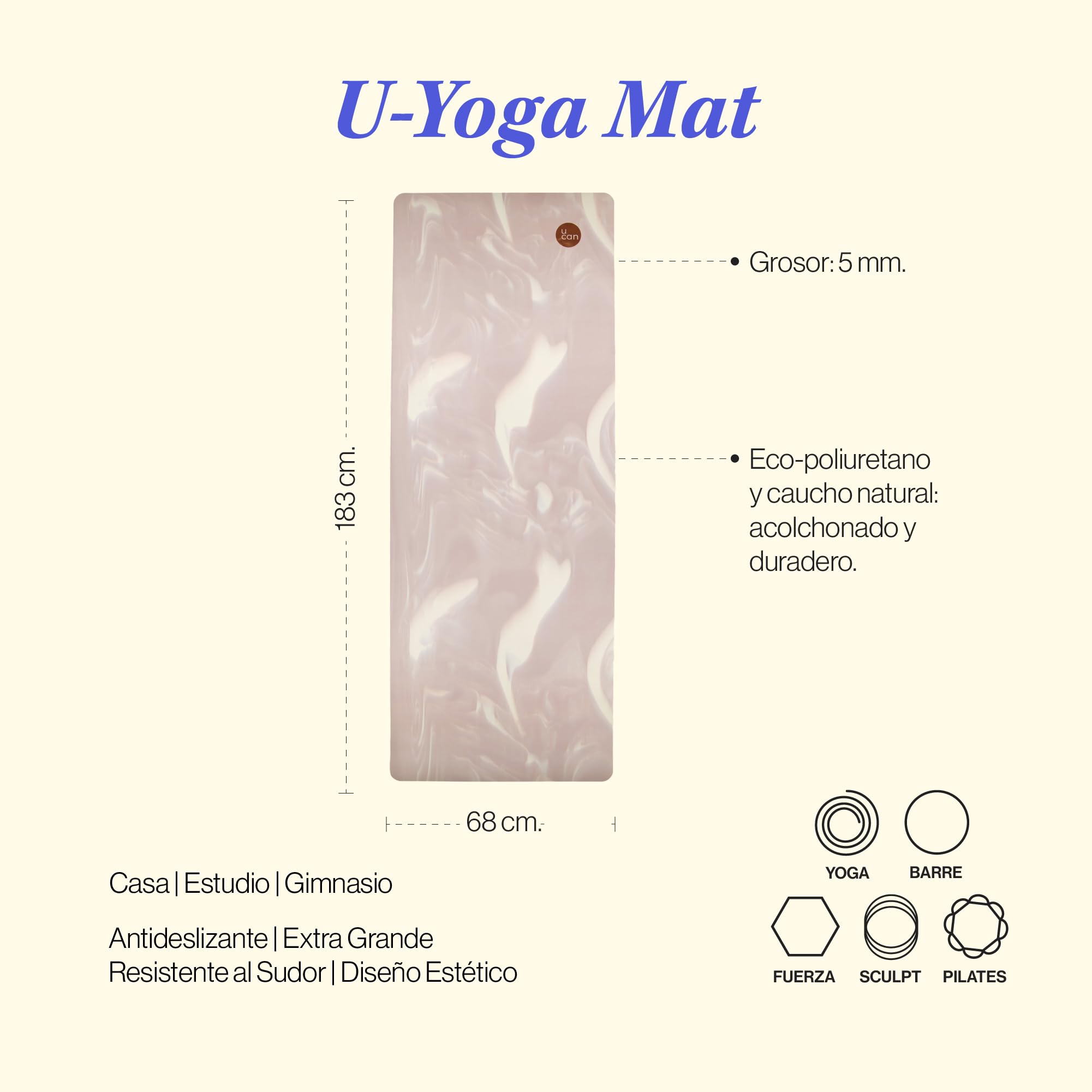 Ucan Tapis de yoga antidérapant | 183 x 68 cm | Tapis épais de 5 mm pour Pilates, barre, HIIT et entraînement fonctionnel | Surface PU Eco-Friendly