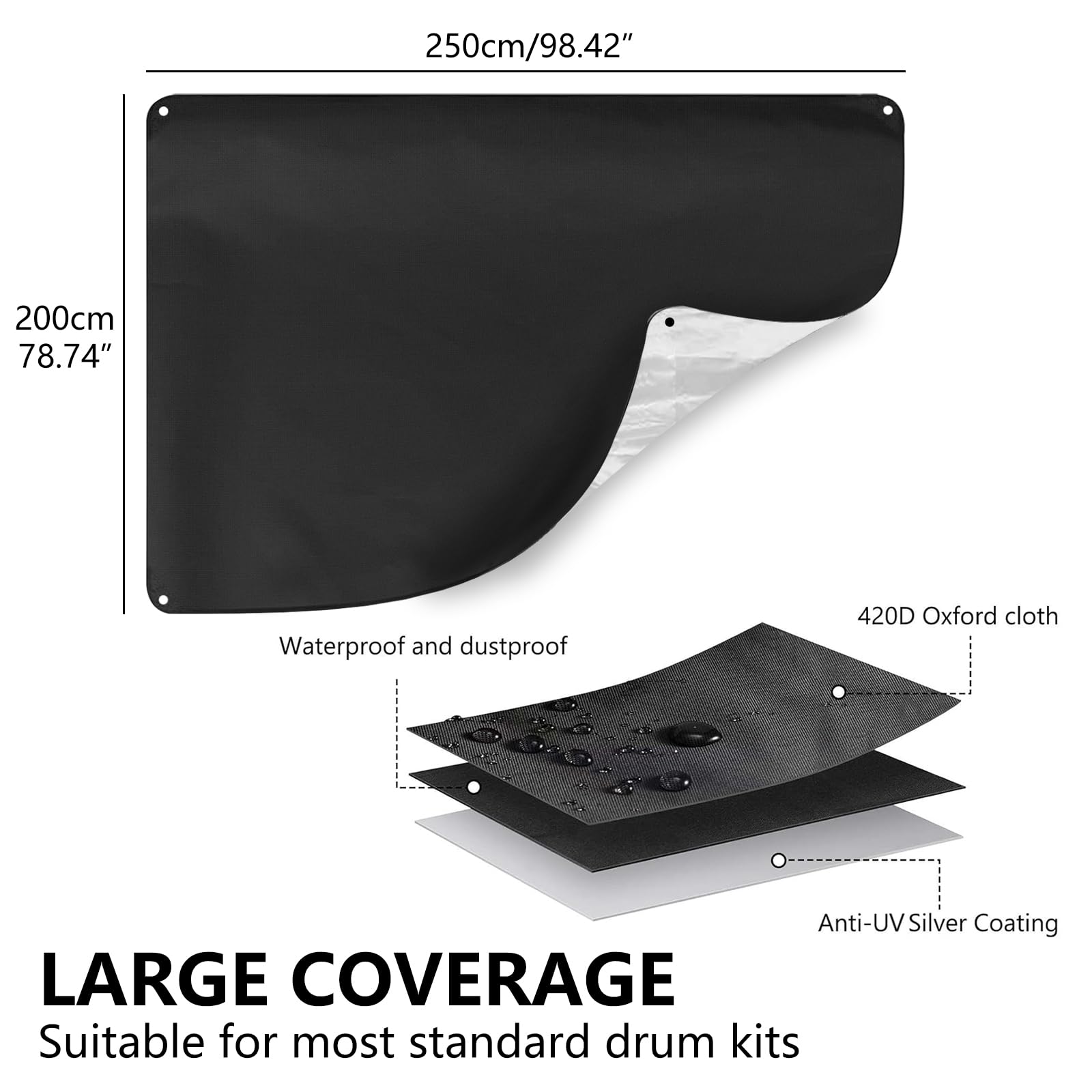 Musiin Housse de protection contre la poussière pour batterie - Tissu Oxford robuste avec revêtement argenté - Convient à la plupart des supports de batterie - Livré avec un sac (noir)