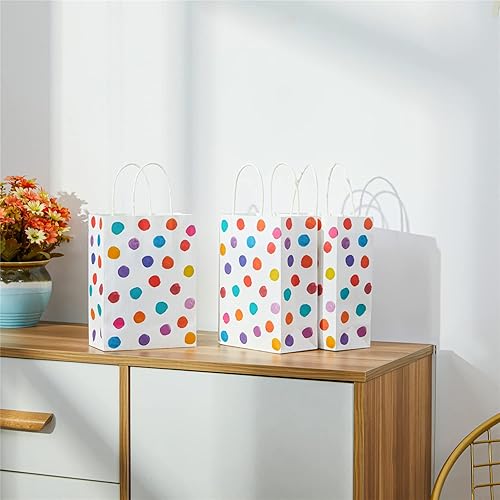 Miniatura 4 de SUNCOLOR Paquete de 24 bolsas pequeñas de 9 pulgadas para regalos de fiesta de cumpleaños, bolsas de regalo con asa (lunares) Negro -,Azul,Estampado