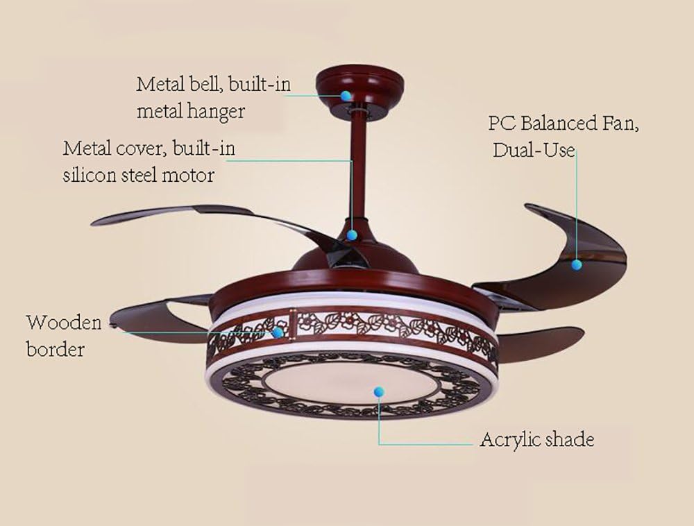 YUEGOO Ceiling Fans with Lamps,Three Speed Acrylic Fan Chandelier Remote Control Chinese Led Stealth Fan Light