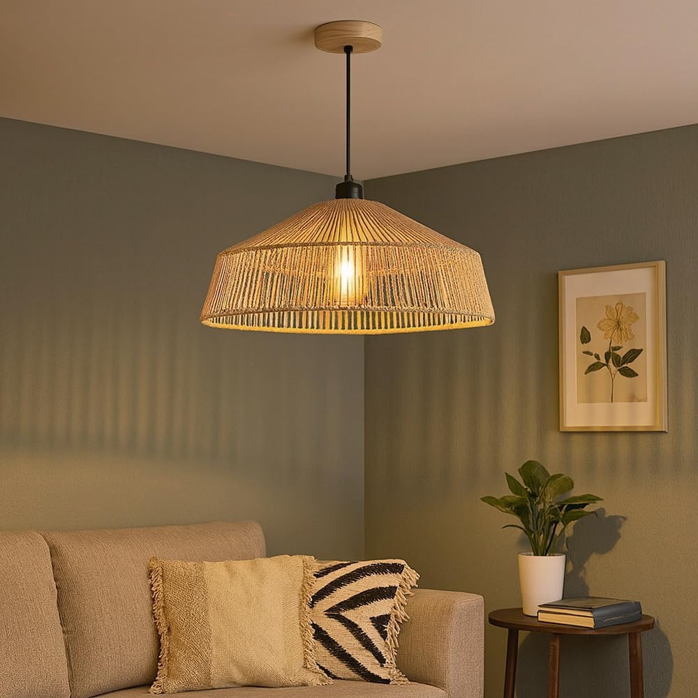Lampadario a Sospensione in Stile Boho 40/50cm, Paralume in Rattan/Filo di Corda, Attacco E27, Altezza Regolabile, Illuminazione per Cucina Soggiorno Sala da Pranzo – Naturale LP-48 (G 50CM)