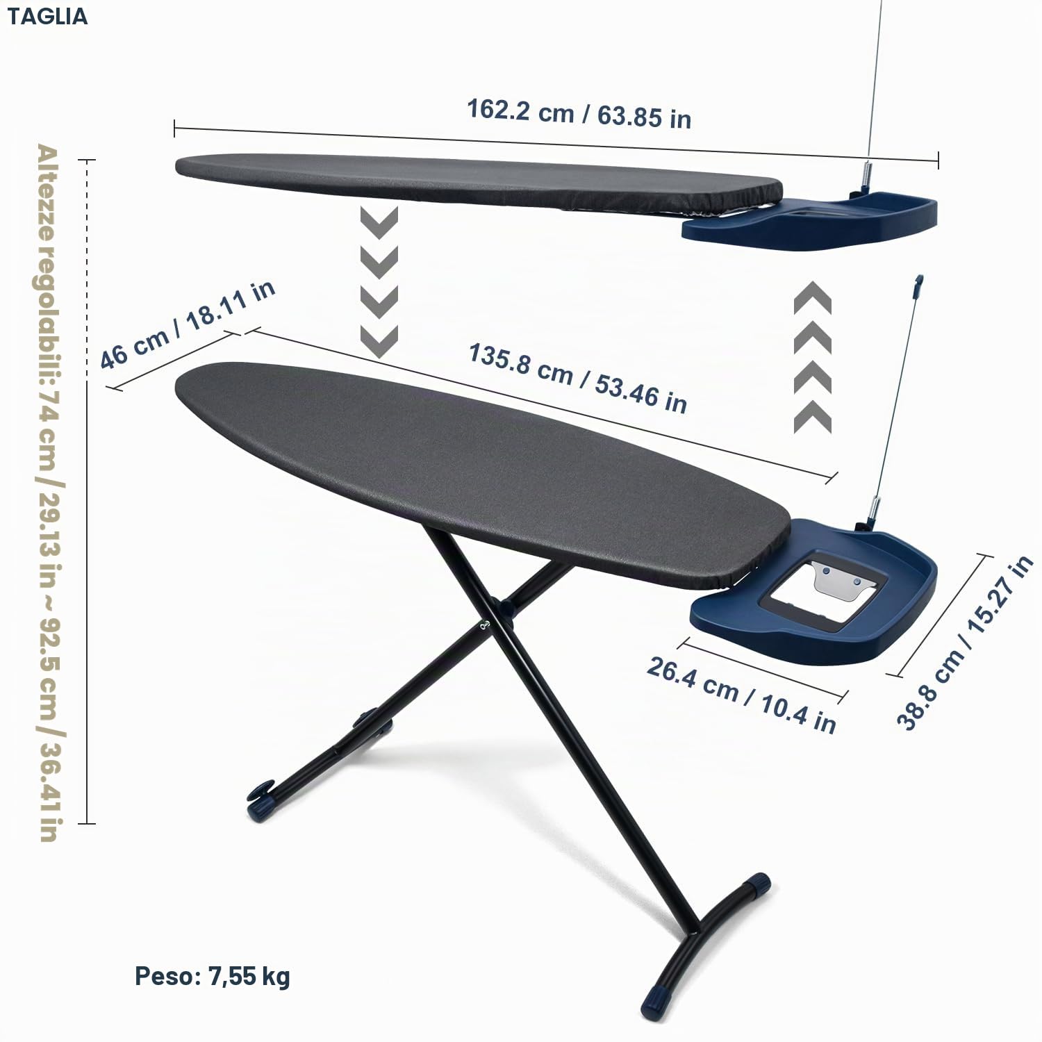 Duwee - Asse da stiro extra larga con ruote, asse da stiro extra larga per ferri con generatore di vapore, gambe robuste e pieghevoli, imbottitura in feltro da 10 mm, nera, 135 x 46 cm