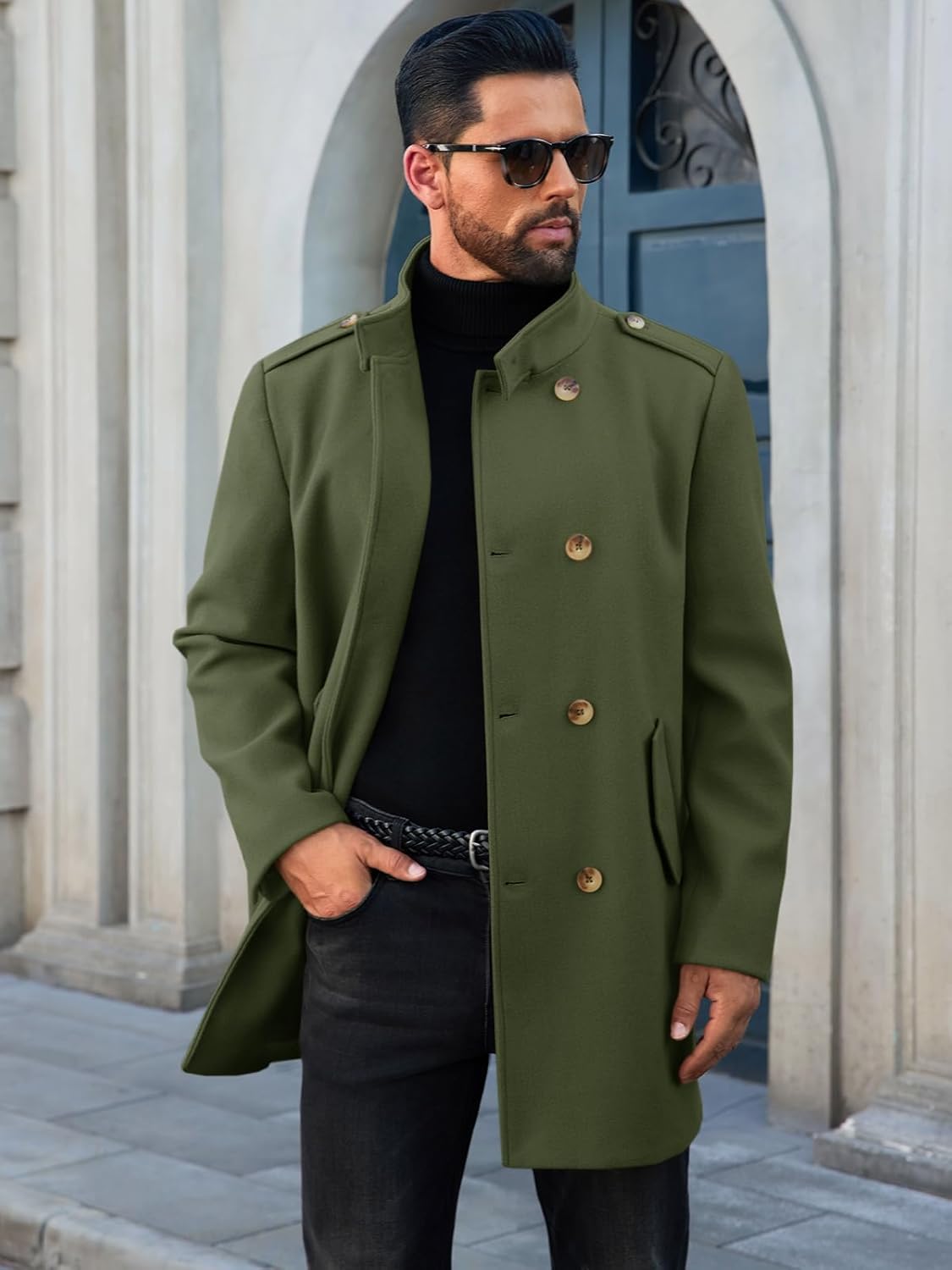 Runcati Mens Trench Coat Double Breasted Stand Collar Pea Coat Casual Fall Winter Warm Mid Long Overcoat - Image 2