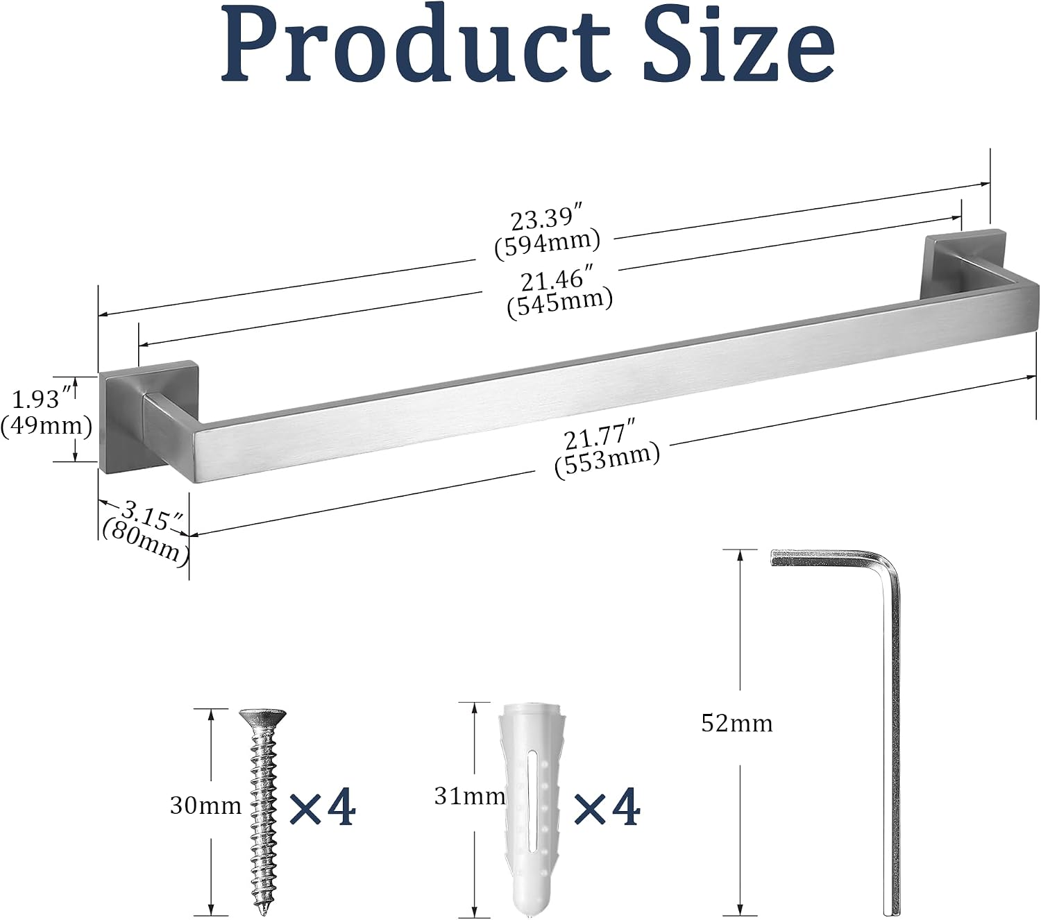 SEIDO 24 Inch Brushed Nickel Towel Bar, Heavy Duty & Rust-Proof 304 Stainless Steel Bath Towel Holder, Modern Square Wall Mounted Towel Rack for Bathroom, Kitchen, RV