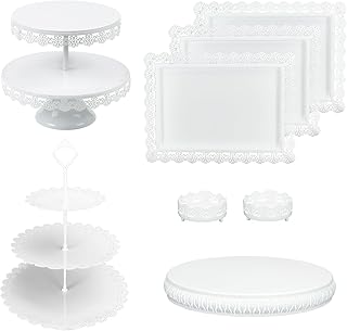 8Pcs Cake Stand Set with 15" Base for Large Cakes, 2-Tier & 3-Tier Dessert Stands, Lace Edge Serving Trays – Elegant Display for Wedding, Birthday, Party Décor (White)