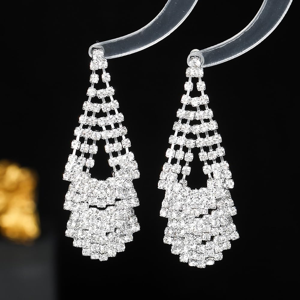 Octwine Boho Women Rhinestone Earrings Silver Sparkly Rhinestone Chandelier Dangle Drop Tassel Earrings Statement Earrings Teardrop Dangle Earrings for Women - Image 4