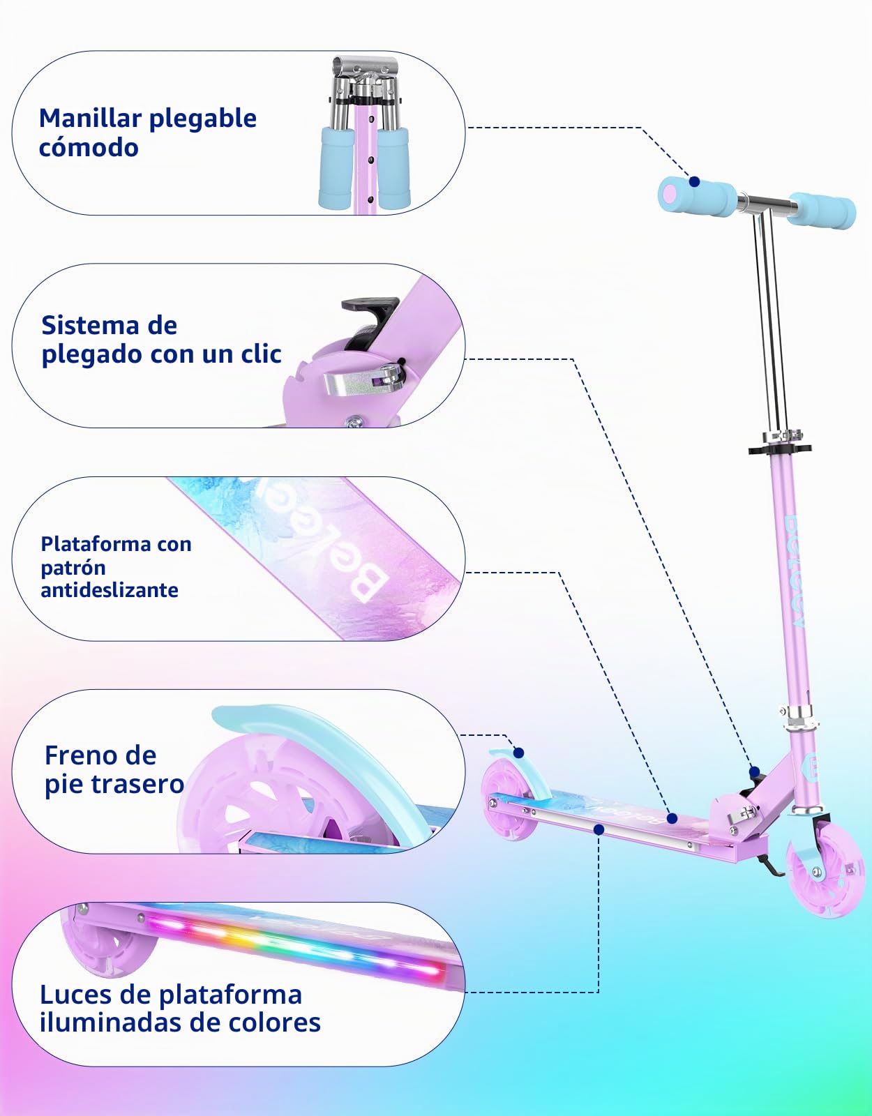 BELEEV V1Plus Patinete Niño Niña 3-12 Años, Plegable Patinete Infantil | con LED Luce Ruedas & Deck, 3 Altura Ajustable, Soportes, Cubierta Antideslizante, Ligero Marco Resistente, Scooter for Kid
