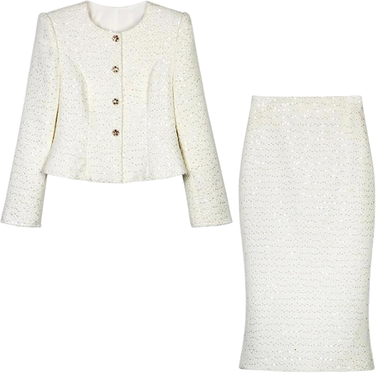 Women's Full Sleeve Single Breasted Jacket and Skirt Two-Piece Light Luxury Socialite Suit with Sequin