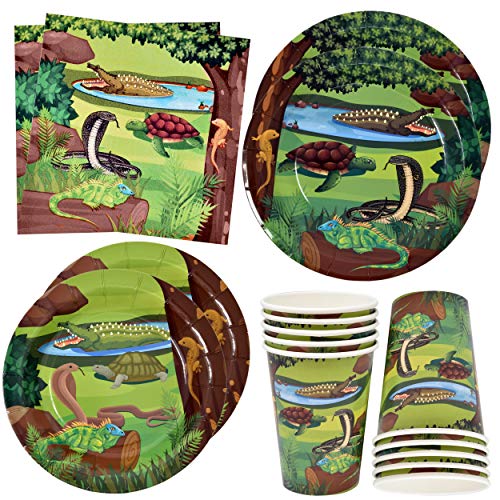 Gift Boutique 122 Pcs Reptile Lizard Snake Party Supplies Set Paper Plates Cup Napkin for Wildlife Turtle Wilderness Jungle Birthday Disposable Dinnerware Serves 24