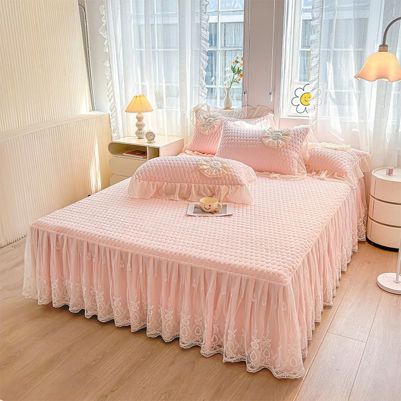 Zhiyuan Colcha acolchada de algodón lavable con falda de encaje con volantes 150 x 200 x 45 cm, Rosa
