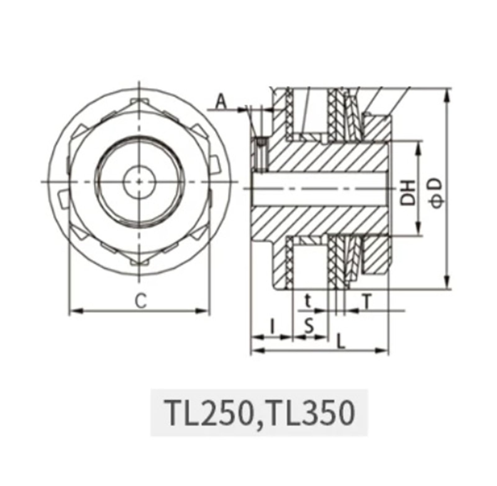Limitatore di coppia TL350-2 con pignone, diametro interno 17-28 mm 34-149 Nm 4 punti 30 denti