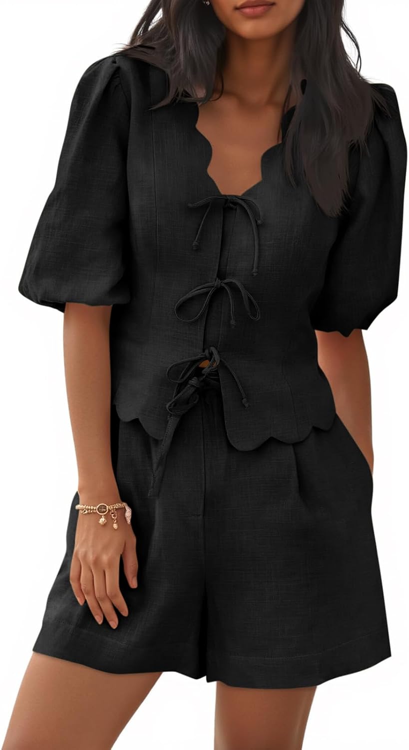 Cicy Bell Womens Summer 2 Piece Short Sets Puff Short Sleeve V Neck Bow Tie Front Tops Wide Leg Shorts Pajamas Matching Sets