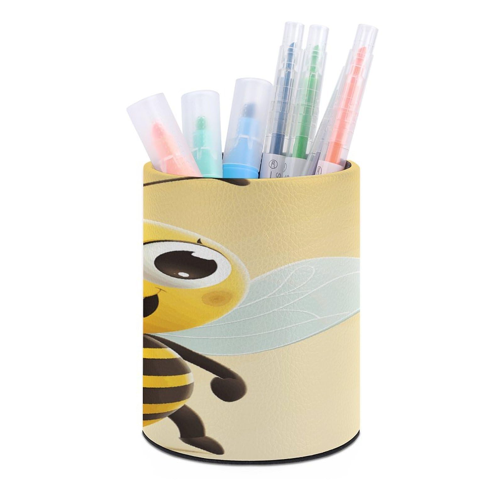 JTREHY - Round Bee Pen Holder PU Leather Stationery Organizer Office Accessories Container Box