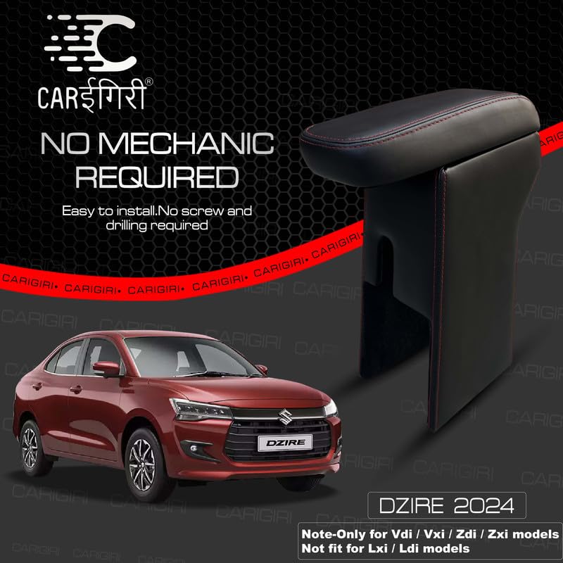 Image of Carigiri Premium Finish Car Armrest with Storage Box And High Density Moulded Foam For Maruti Suzuki Dzire (Models-2024,2025)(ONLY FOR VXI,VDI /ZXI,ZDI /ZXI+ MODELS) (Red Seam,Nappa Leatherette)