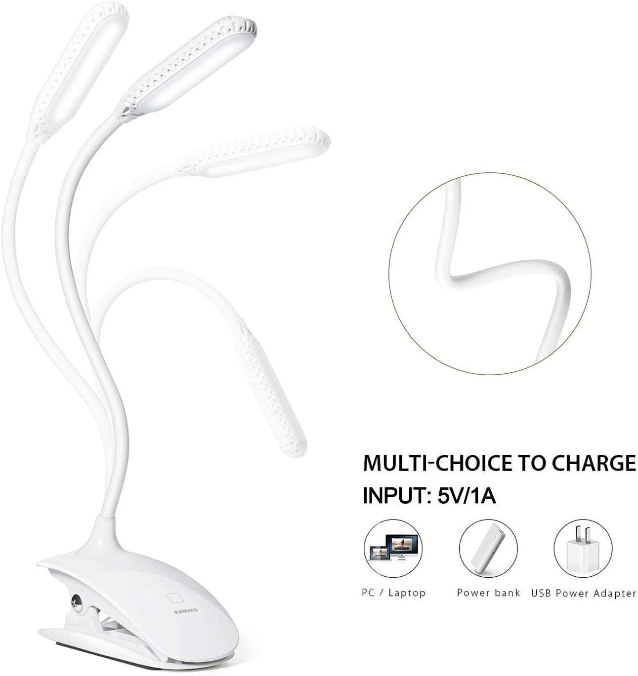 Led Clip Reading Book Light Daylight 16 LEDs USB Rechargeable Reading Lamp-3 Brightness,Touch Switch Bedside Book Light with Good Eye Protection Brightness (White)