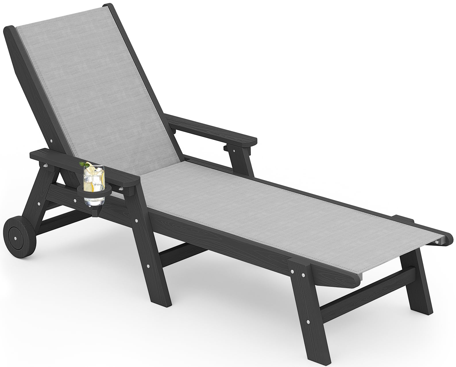 SERWALL Patio Chaise Lounge Chair, 5 Positions Outdoor Lounger for Pool, Textilene Lounge Chair with Rolling Wheels for Poolside, Deck, Black