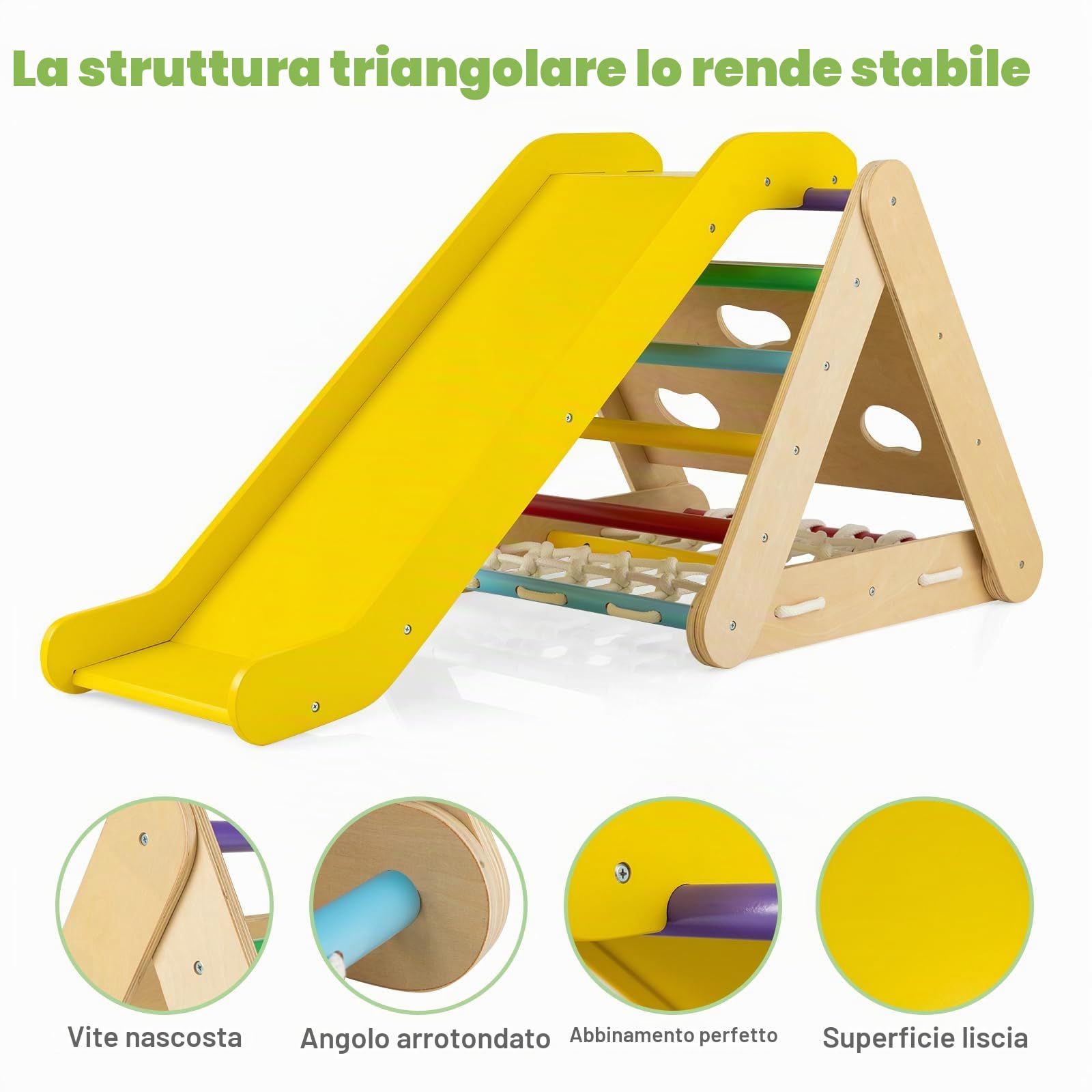 LIFEZEAL 4 in 1 Triangolo di Arrampicata in Legno con Scivolo e Rete, Giocattoli Balance Psicomotricità, Bimbi, Giochi Montessori con Carico 50 kg per Bambini 1 + Anni (multicolore)